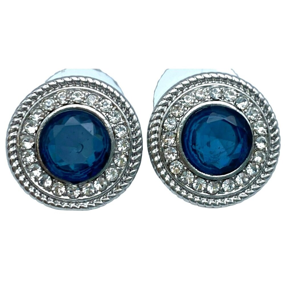 Marlyn Schiff Earrings Rhinestone Pierced Sapphire Blue Color 16mm SIGNED